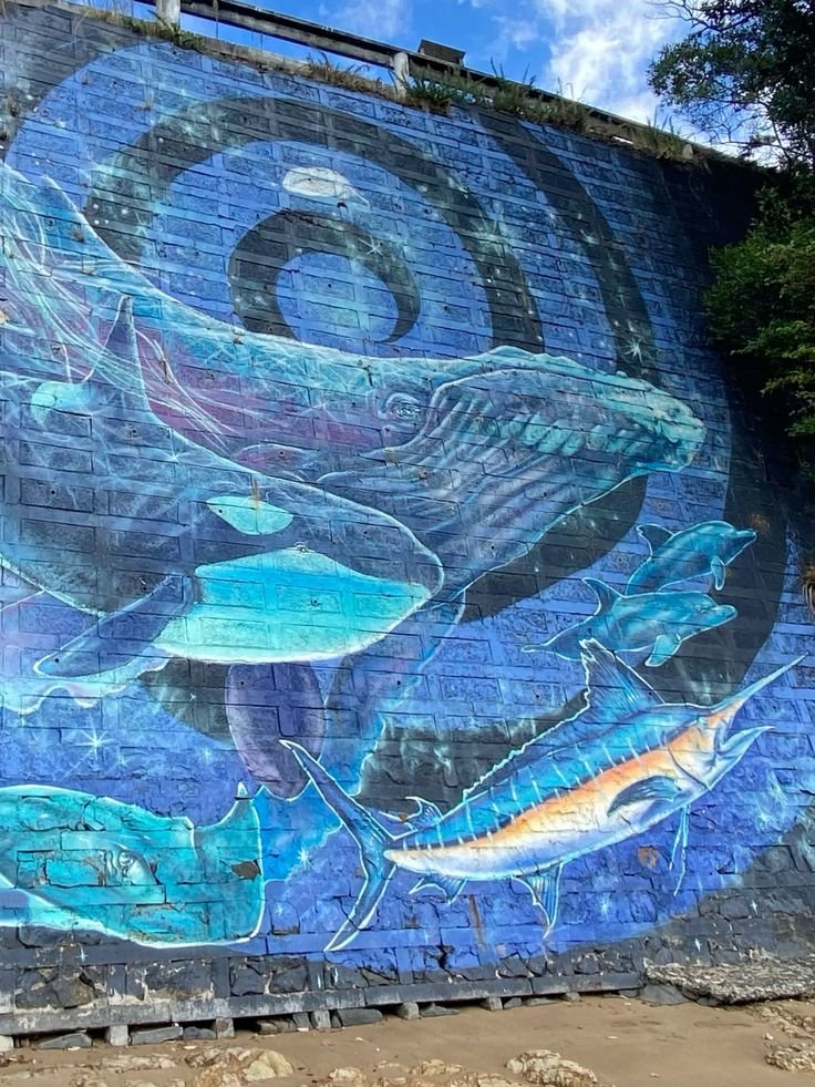 Paihia Beach Mural of sea life, whales, dolphins & stingrays