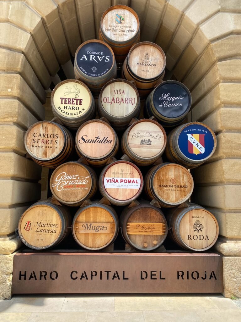 Barrels displaying brands of local Haro wines.